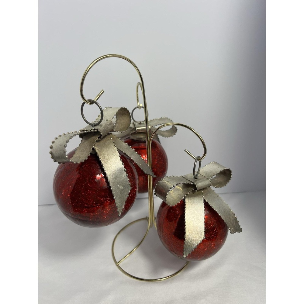 Red 3 Piece Crackle Glass Christmas Ornaments Decorative Metal Bow Vintage